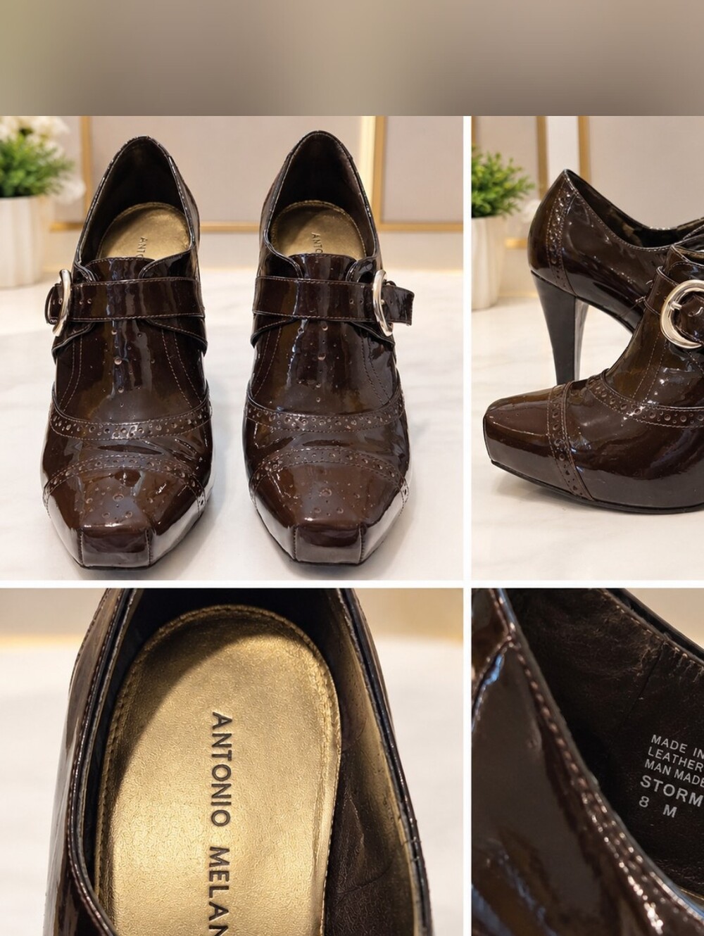 Antonio Melani Stormy Patent Leather Buckle Heels Brown Size 8M